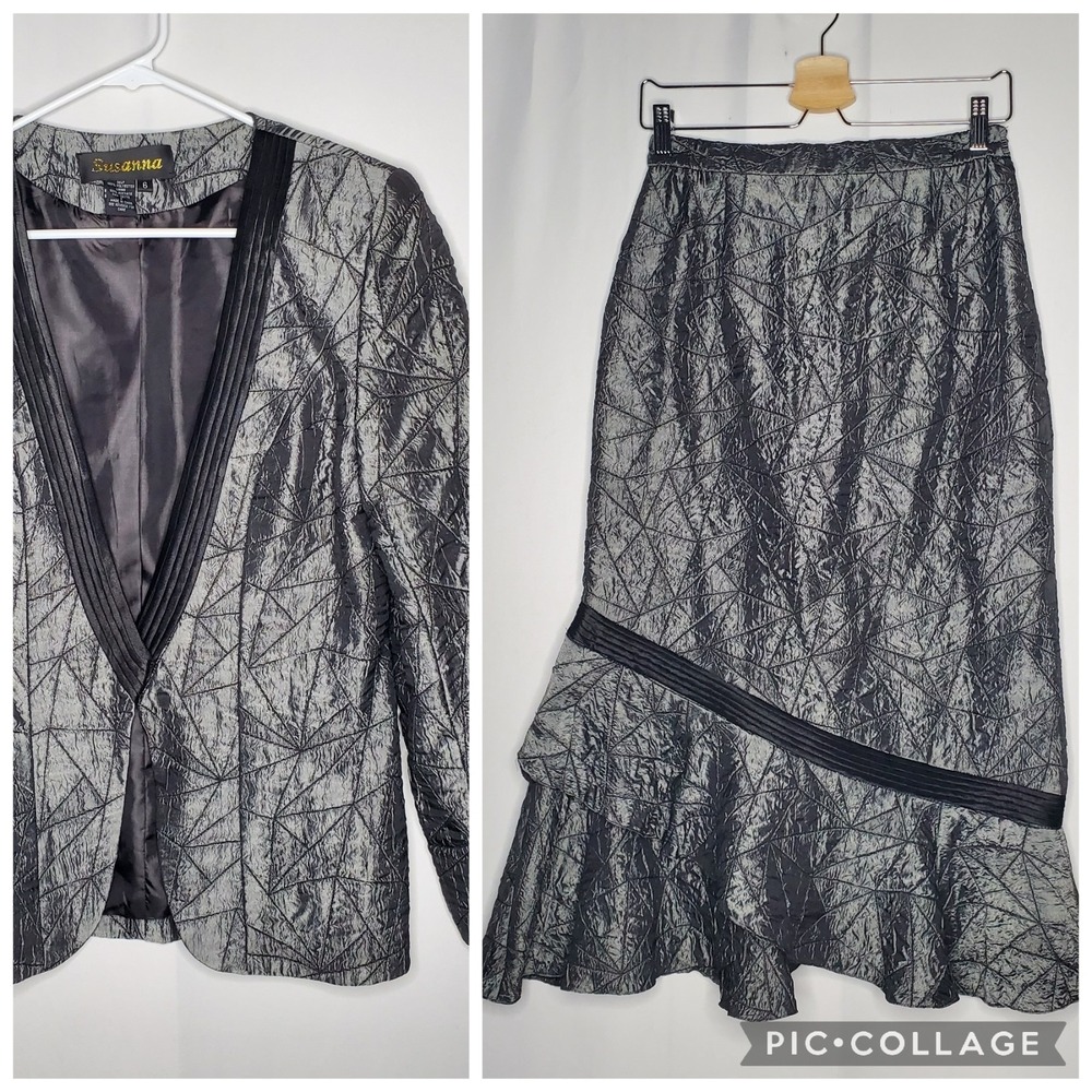 Susanna Skirt Suit 6 Gray Metallic Ruffle Midi Avant Garde Whimsigoth Witchy Y2K